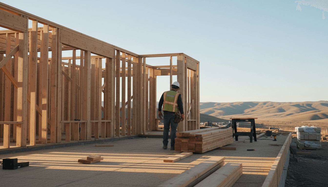 Worker inspecting residential framing on an Anders Construction project