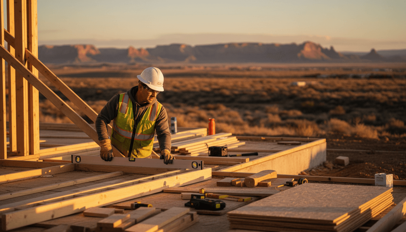 Construction worker checking framing on residential project site